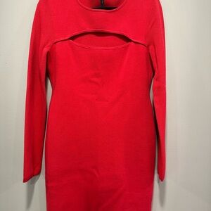 BCBG MaxAzria Fyona Red Berry Long-Sleeve Keyhole Cutout Bodycon Dress EUC